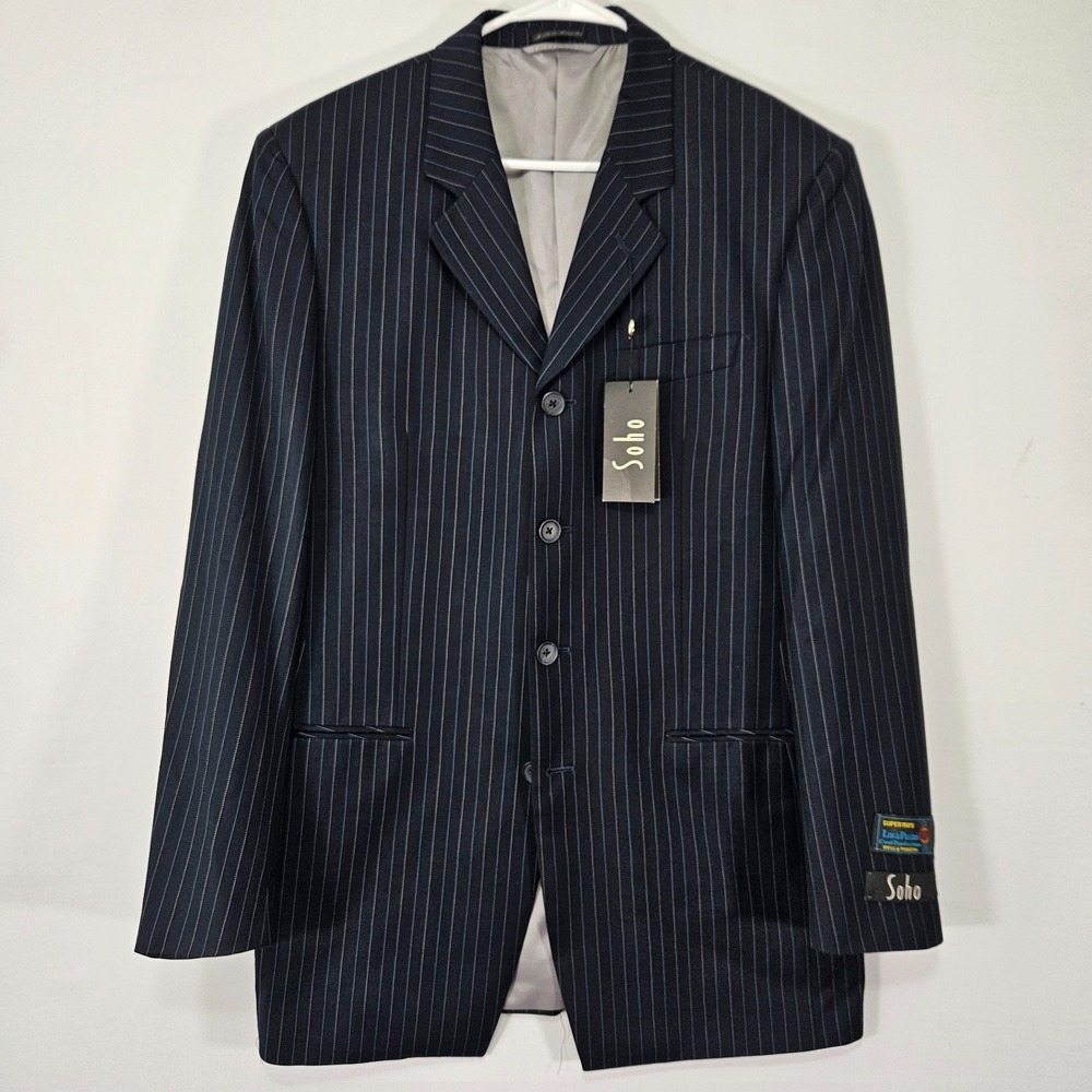 Soho Men's Sport Coat Blazer Four Button Navy Striped Polyester Blend 40R NEW